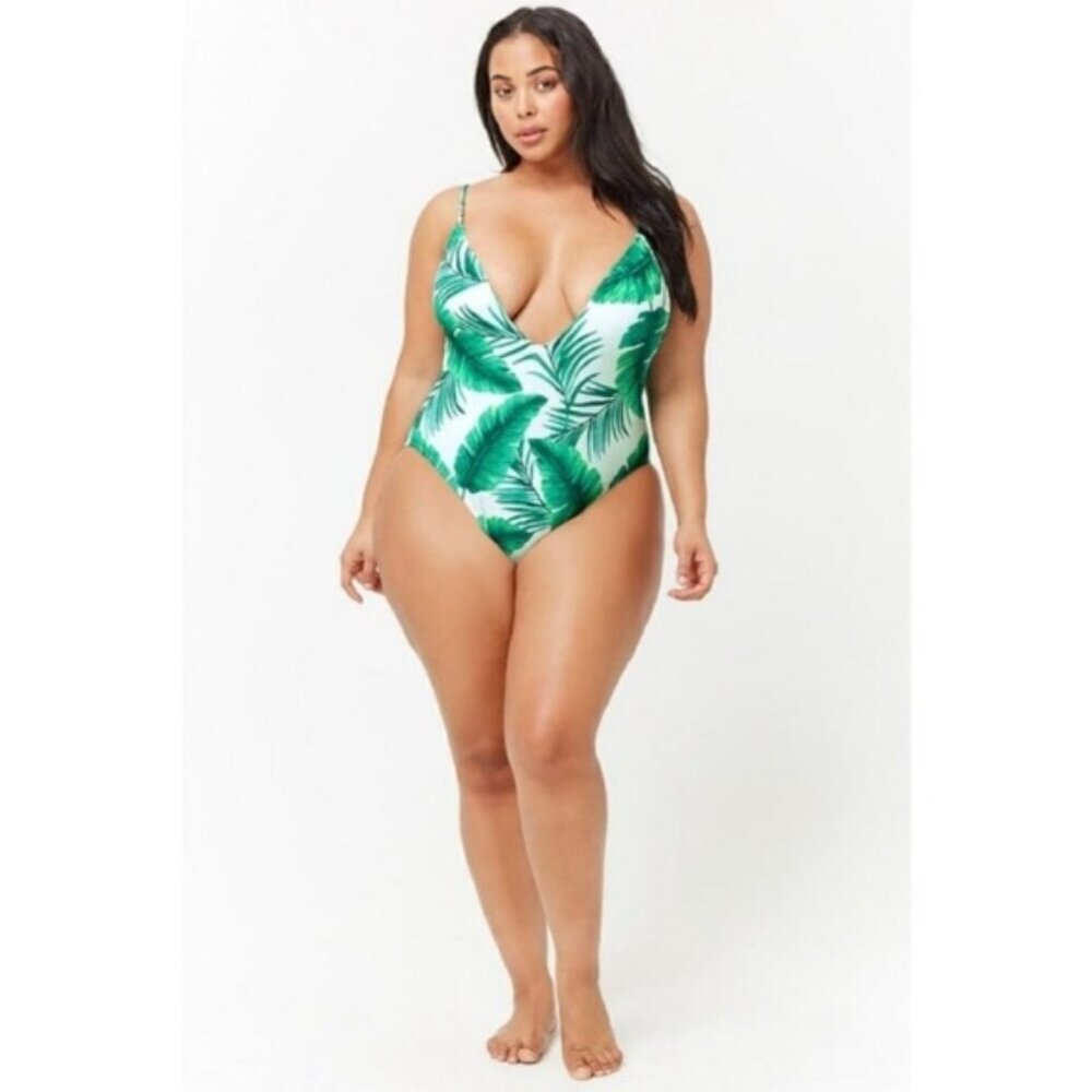 NWT Forever 21 Plus Palm Leaves One Piece Plunge Swimsuit 3X